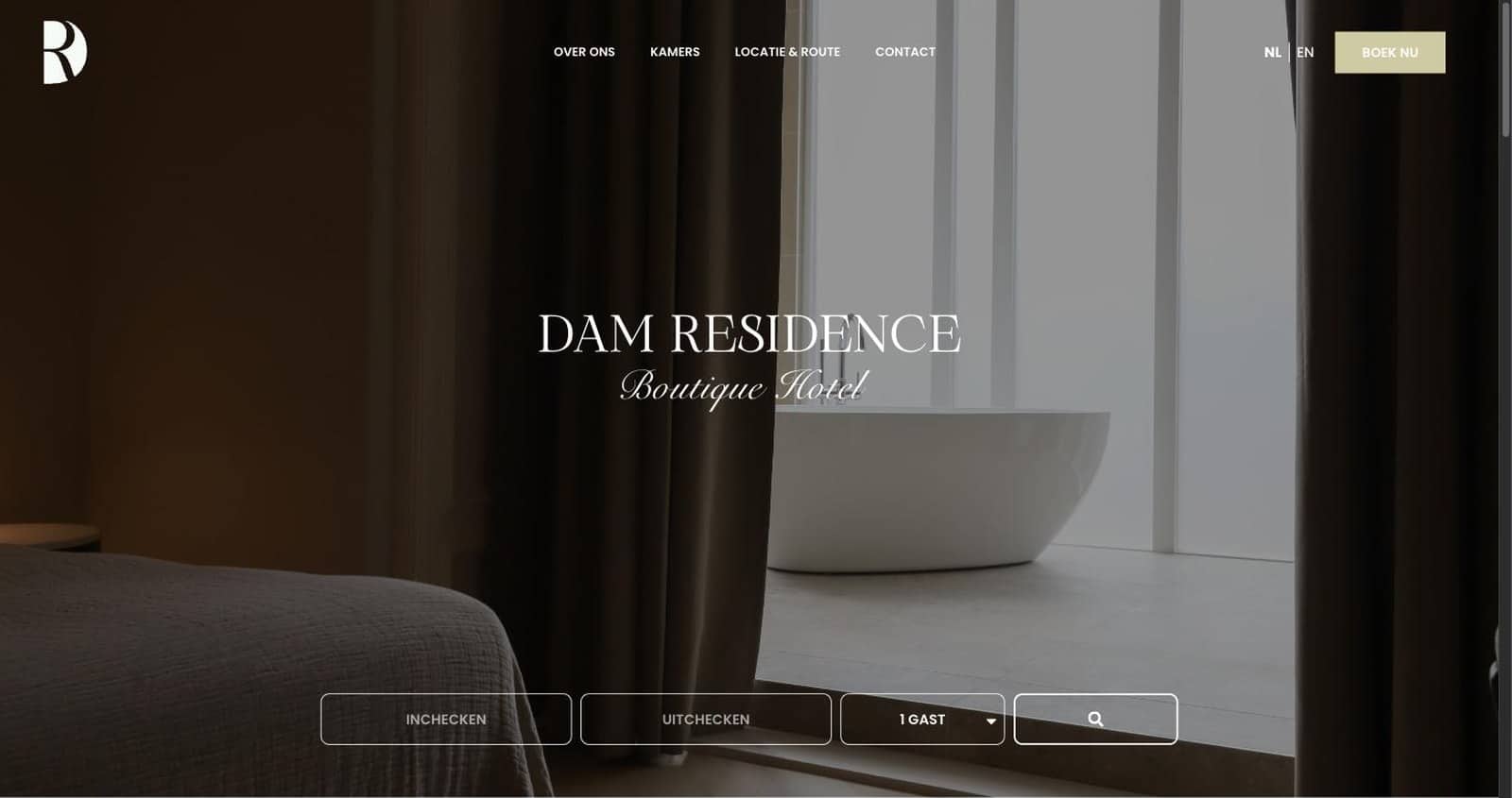 Website voor DAM Residence Hotel in Zaandam met de hotelkamer op de openingspagina