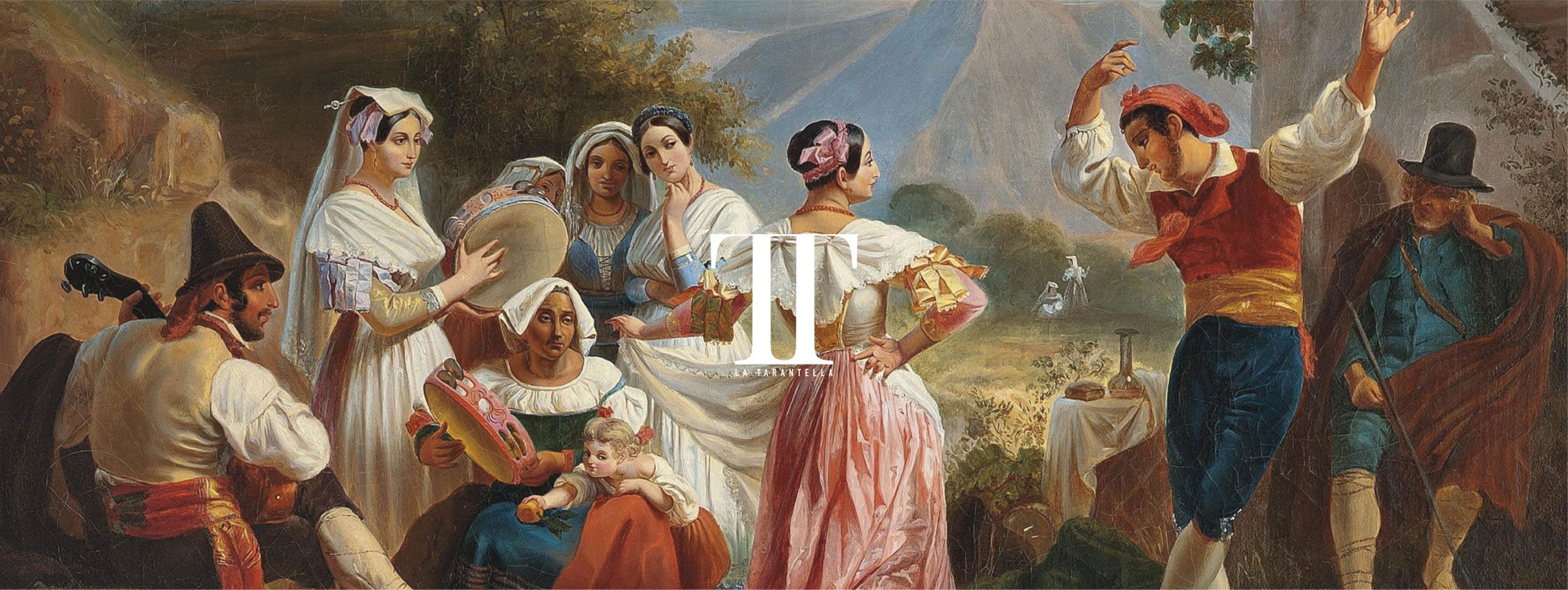 Negentiende-eeuwse prent van dansende Italianen, met het dubbele T-logo van La Tarantella